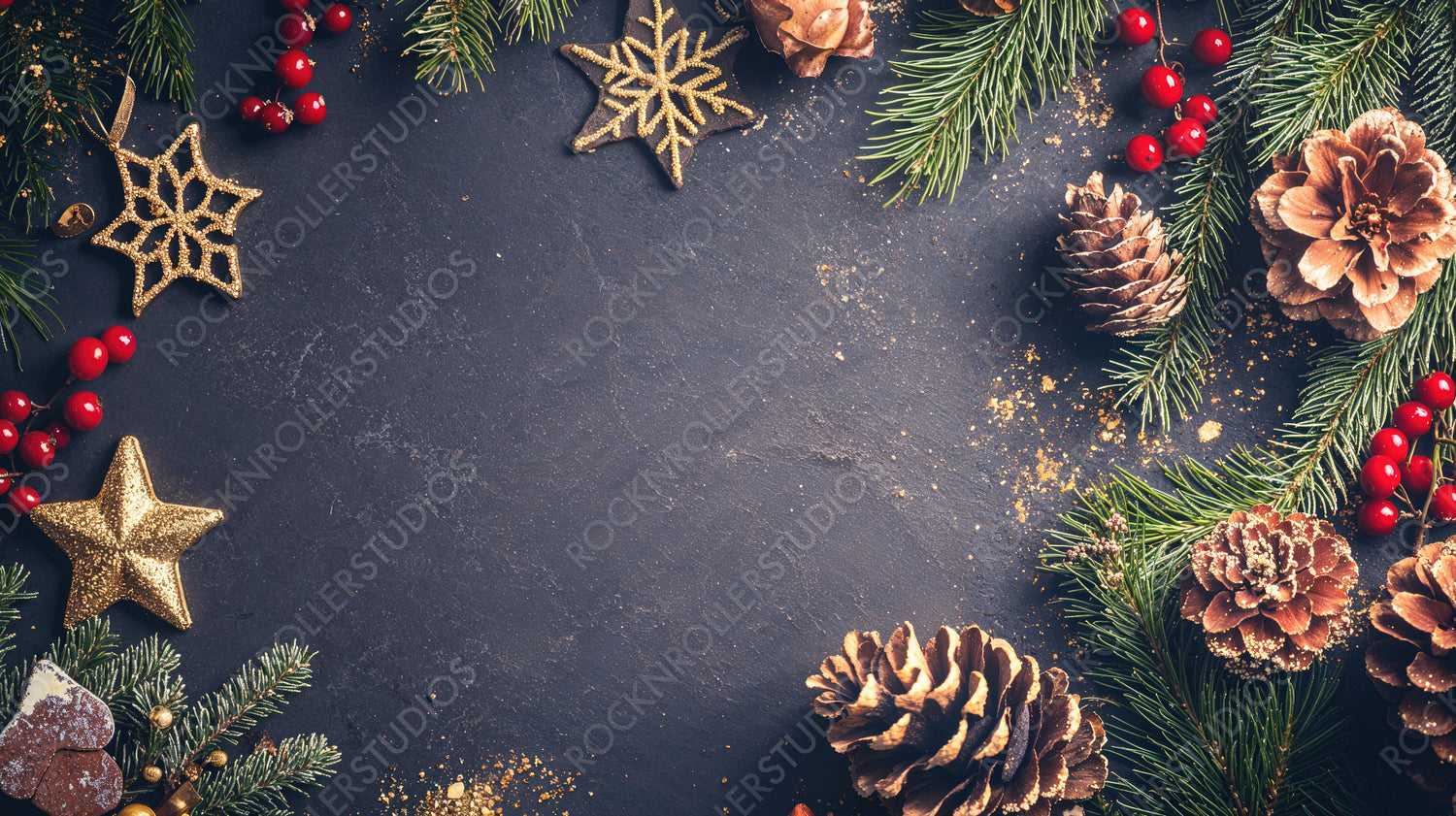 Rustic Christmas Decorations with Pine Cones, Snowflakes, and Ornaments on Dark Wooden Background