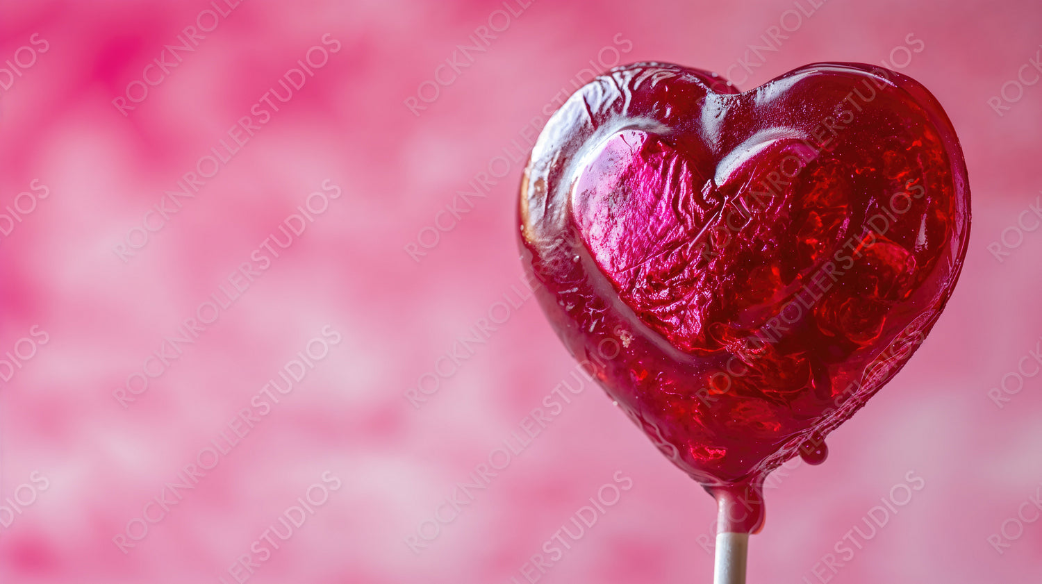 Sweet Romance: Glossy Red Heart-Shaped Lollipop on Dreamy Pink Background