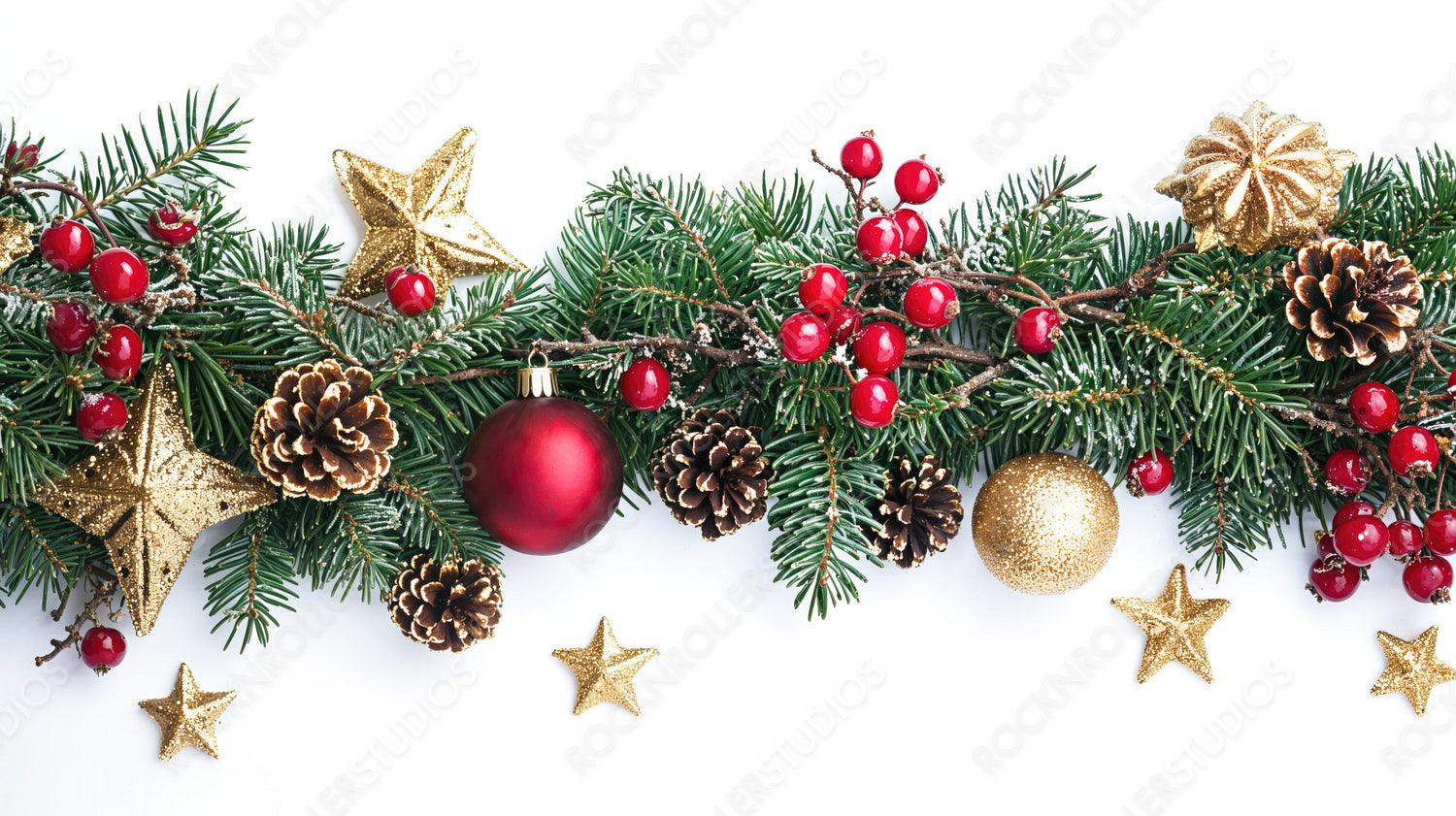 Elegant Christmas Pine Branches with Red Berries, Golden Stars, and Pinecones on White Background