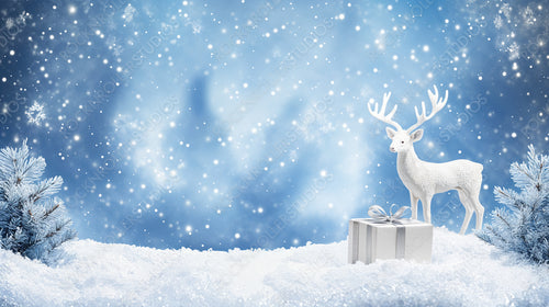 White Reindeer Figurine Standing in Snowy Landscape with Blue Snowflakes and Present