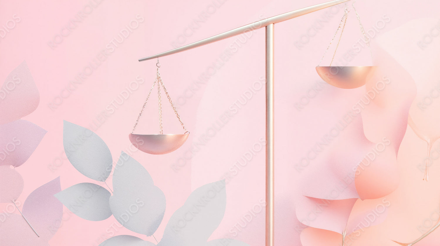 Minimalist Balance Scale in Harmony: Sleek Design Against Soft Pink and Pastel Leaves
