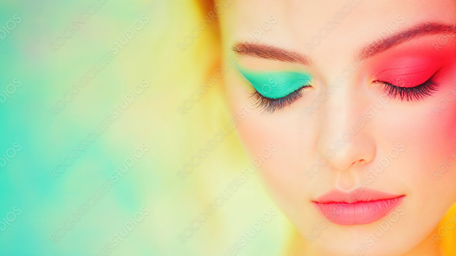 Dreamy Beauty Portrait: Young Woman with Vibrant Dual-Toned Eyeshadow and Soft Pastel Background