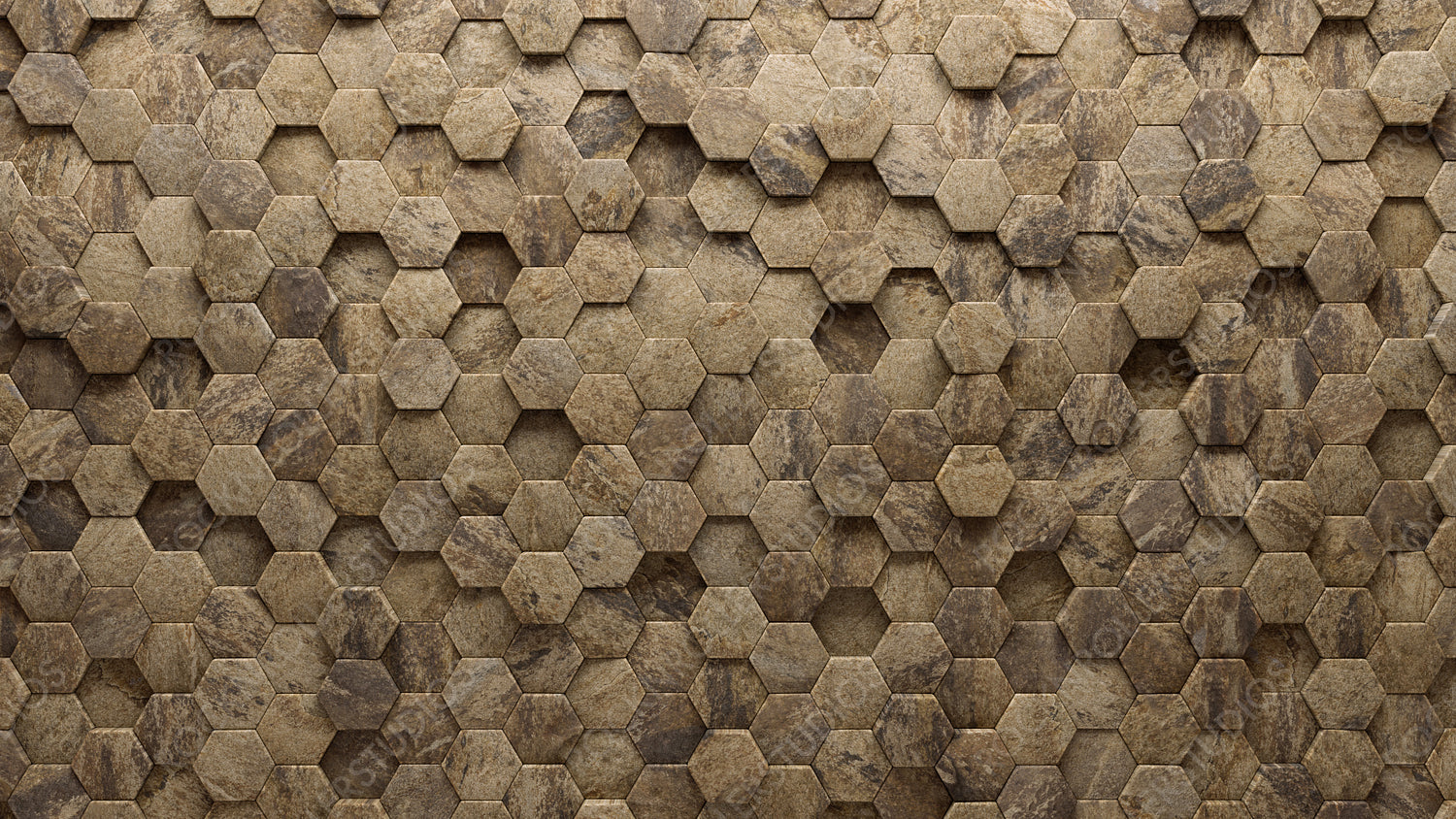 Polished, Natural Stone Wall background with tiles. 3D, tile Wallpaper with Semigloss, Hexagonal blocks. 3D Render