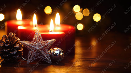 Cozy Christmas Candles with Pine Cones and Star Ornaments in a Warm Festive Atmosphere