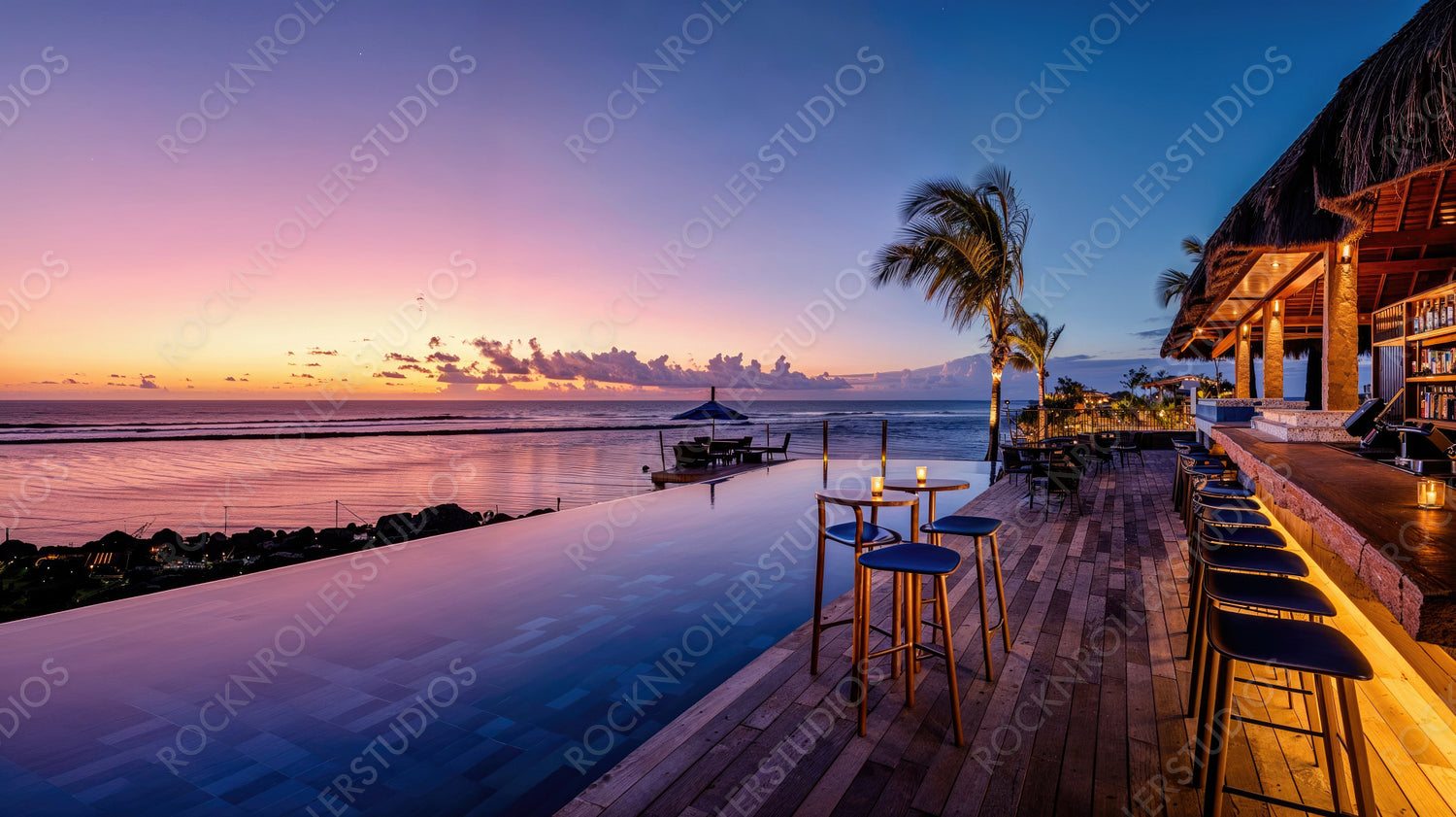 Elegant Poolside Bar Overlooking Ocean at Twilight