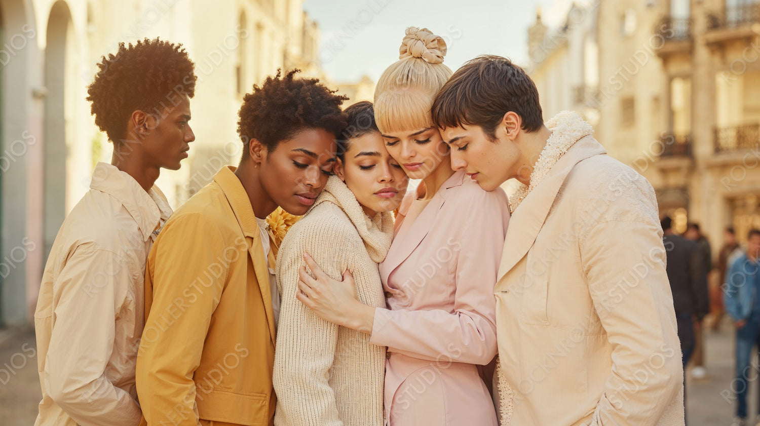 Sunlit Embrace: Fashionable Young Adults in a Tender, Multicultural Group Hug on an Urban Street