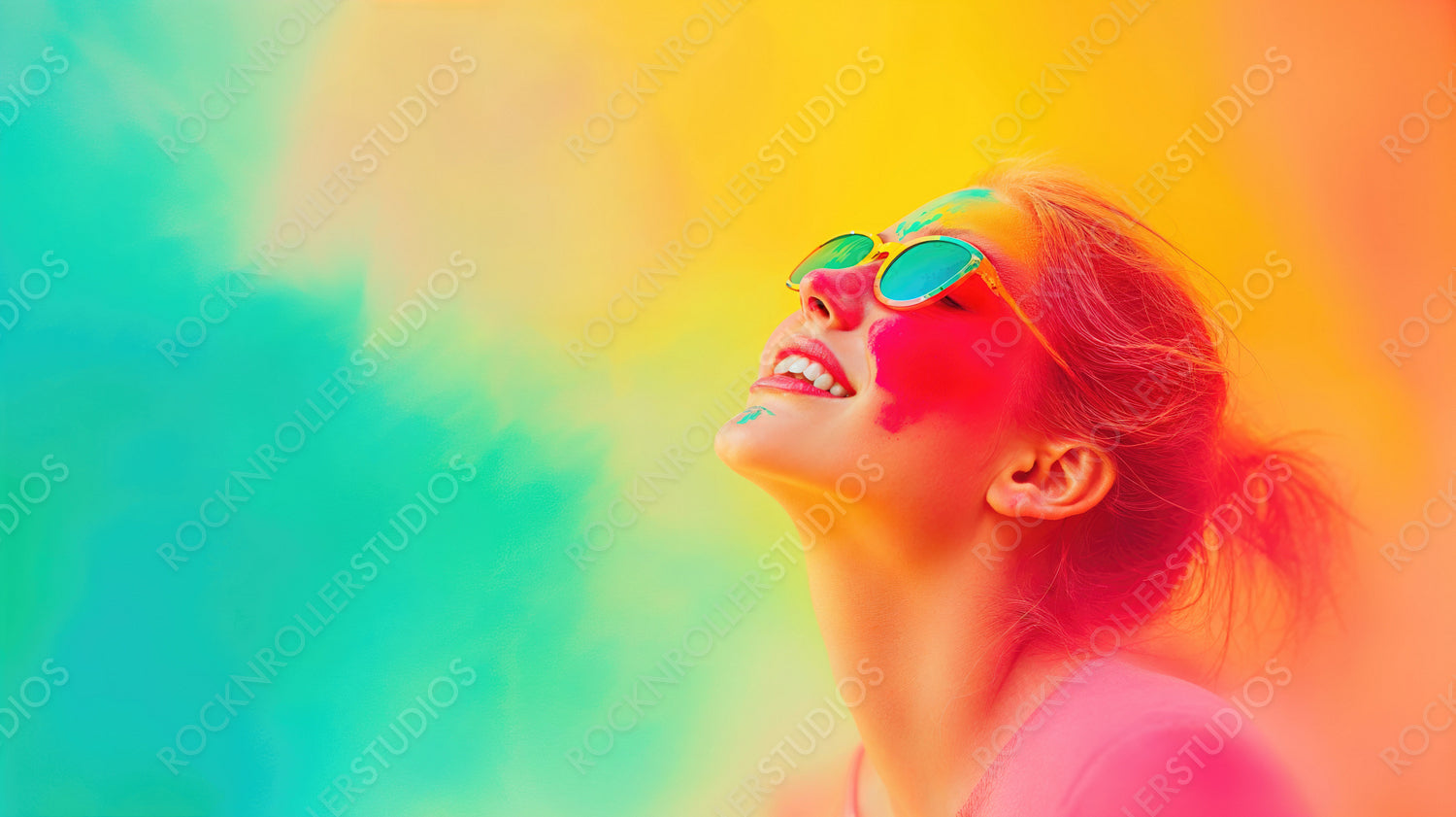Summer Bliss: Joyful Young Woman with Colorful Paint and Vibrant Sunglasses