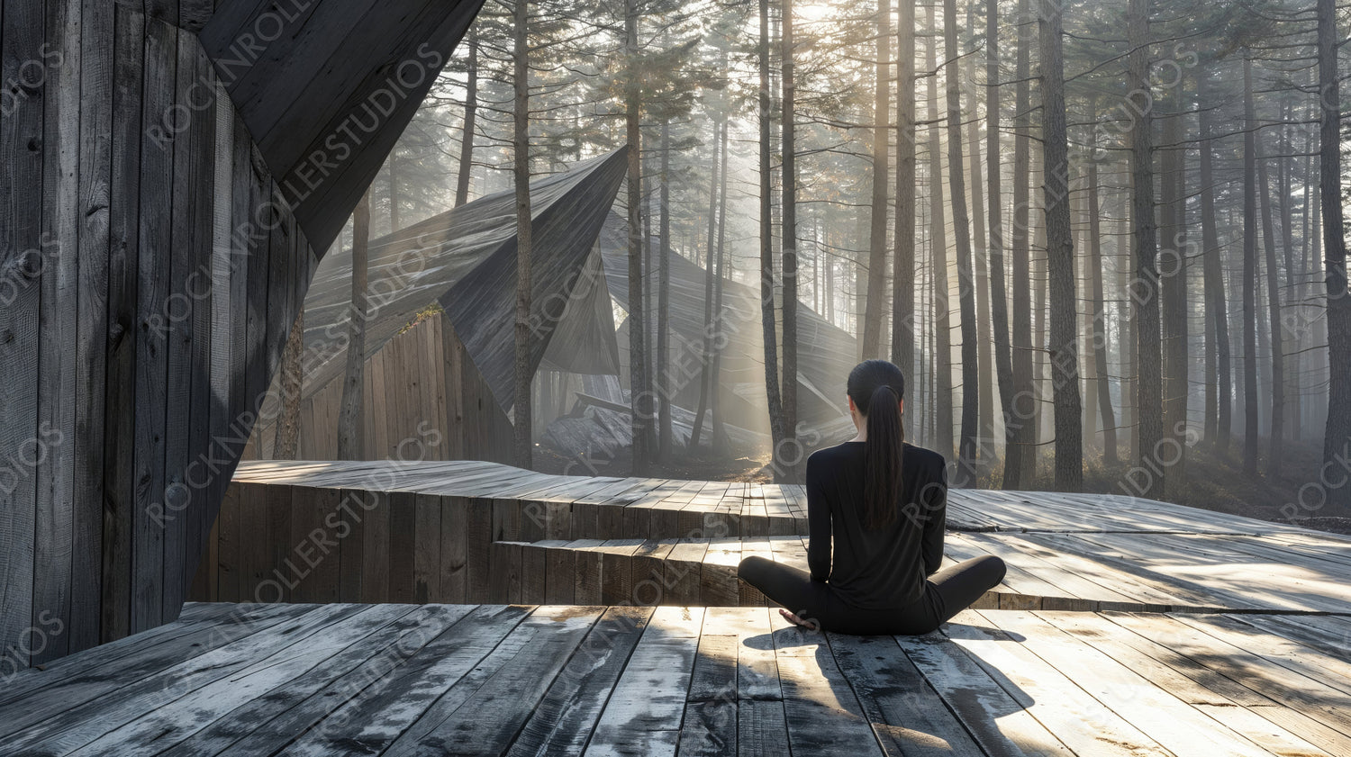 Meditative Woman in Modern Wooden Structure Amidst Forest