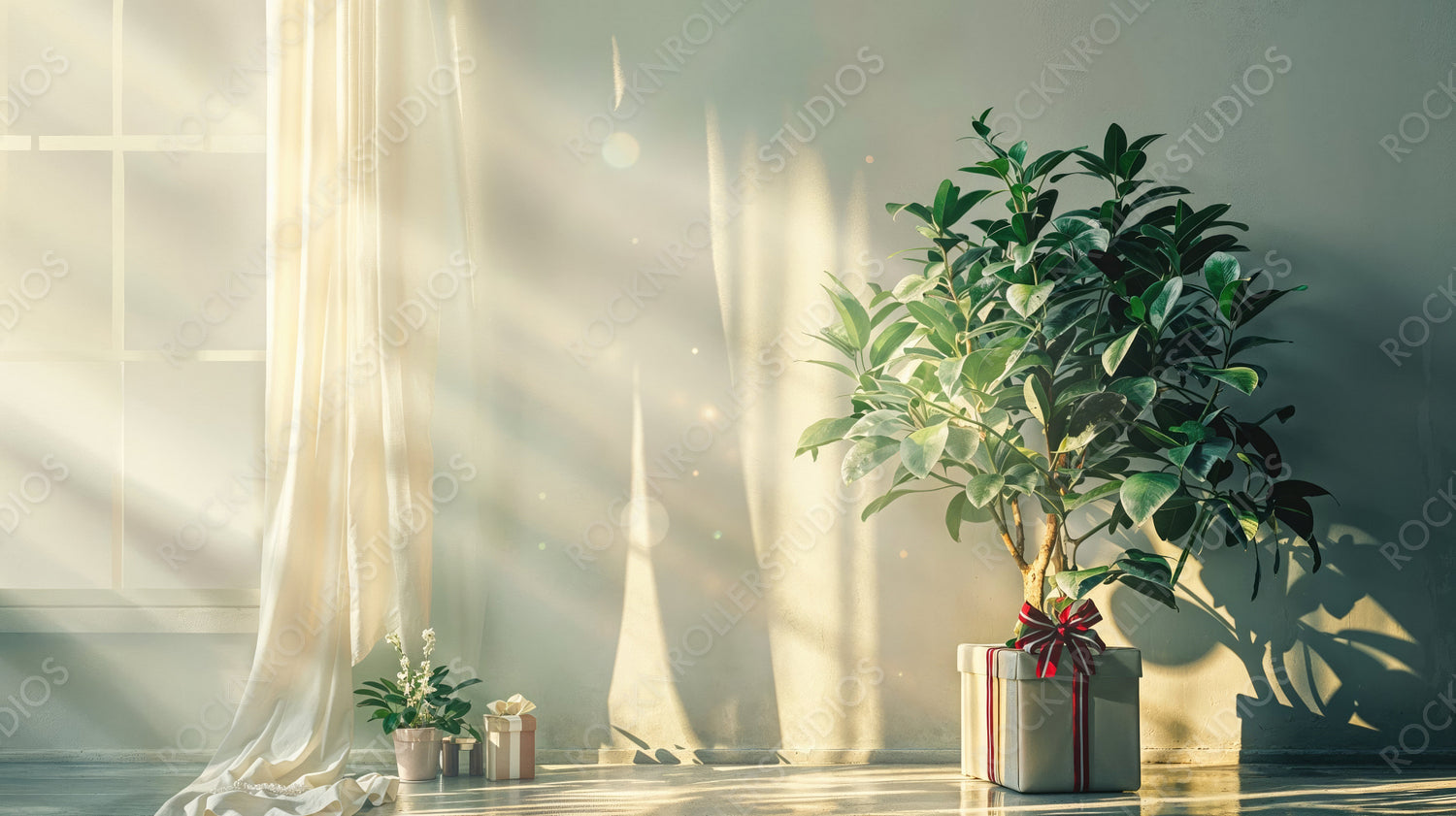 Sunlit Room with Potted Plant and Gift Box by the Window