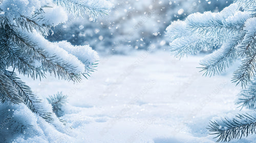 Snowy Pine Branches in a Serene Winter Landscape with Snowfall