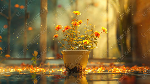 Potted Orange Flowers with Floating Petals in Warm Sunlight