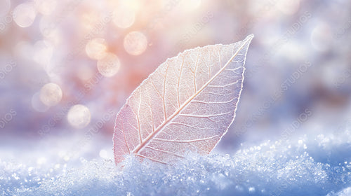 Frozen Frosty Leaf in Sparkling Snow with Winter Bokeh Lights in Background