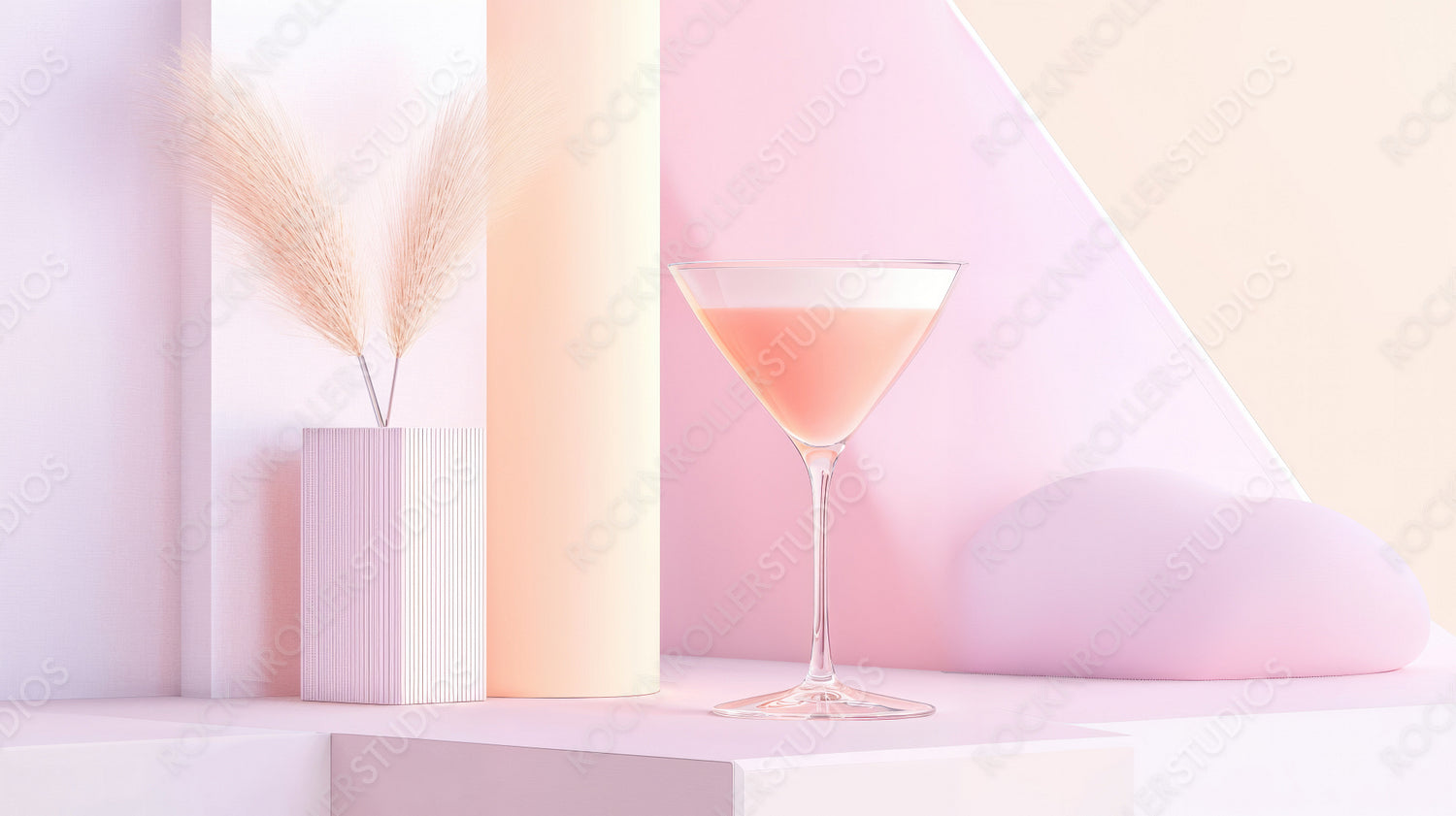 Serene Modern Still Life: Pink Cocktail and Wheat in Pastel Decor