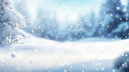 Frosty landscape with snow-covered trees and sparkling snowflakes dancing in the soft light