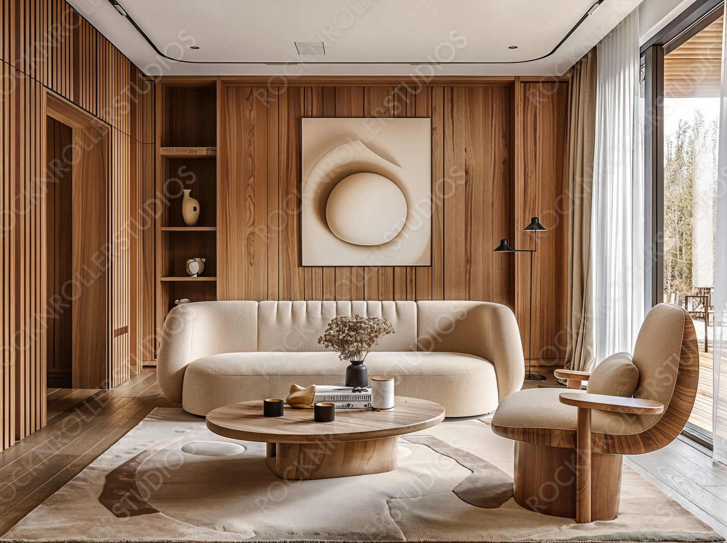 Chic Modern Living Room with Elegant Wood Accents and Soft Neutrals