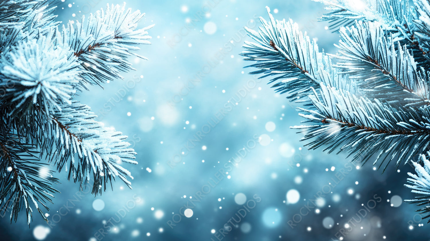 Frost-covered evergreen branch with glowing holiday lights in a serene snowy background