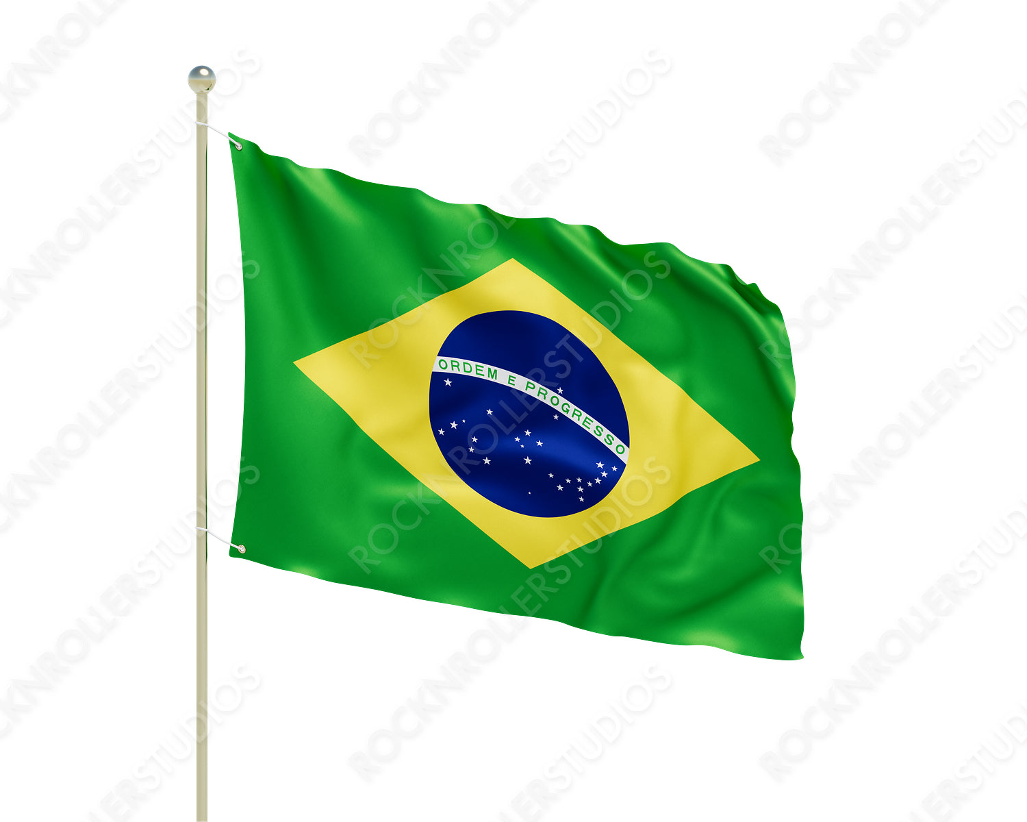 Vibrant Brazilian Flag Waving Proudly on Flagpole Against Gray Backdrop. Transparent PNG