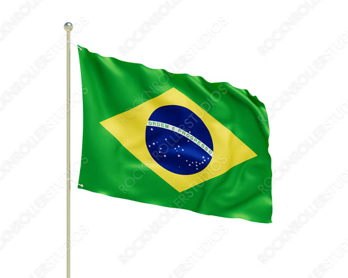 Vibrant Brazilian Flag Waving Proudly on Flagpole Against Gray Backdrop. Transparent PNG