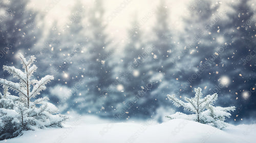 Winter forest with falling snow and frosted trees in a magical snow-covered wonderland