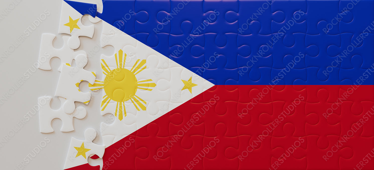 Philippines Pride Puzzle: Abstract Jigsaw Flag with Symbols of Peace, Valor, and Unity