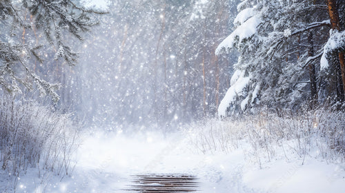 Snow-Covered Trees Framing a Winter Wonderland with Falling Snowflakes