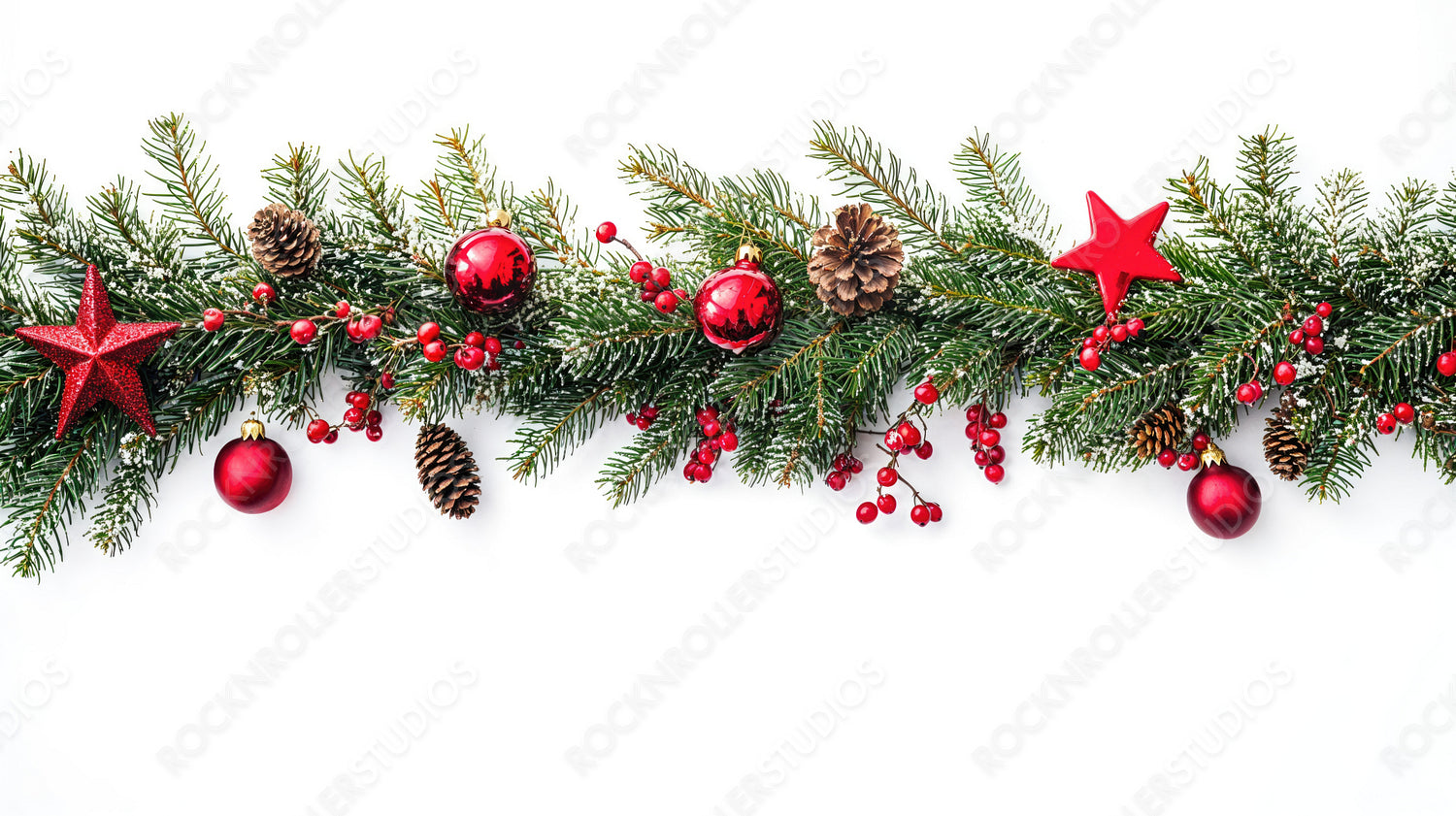 Festive Christmas decorations with red ornaments, pinecones, and fresh evergreen branches