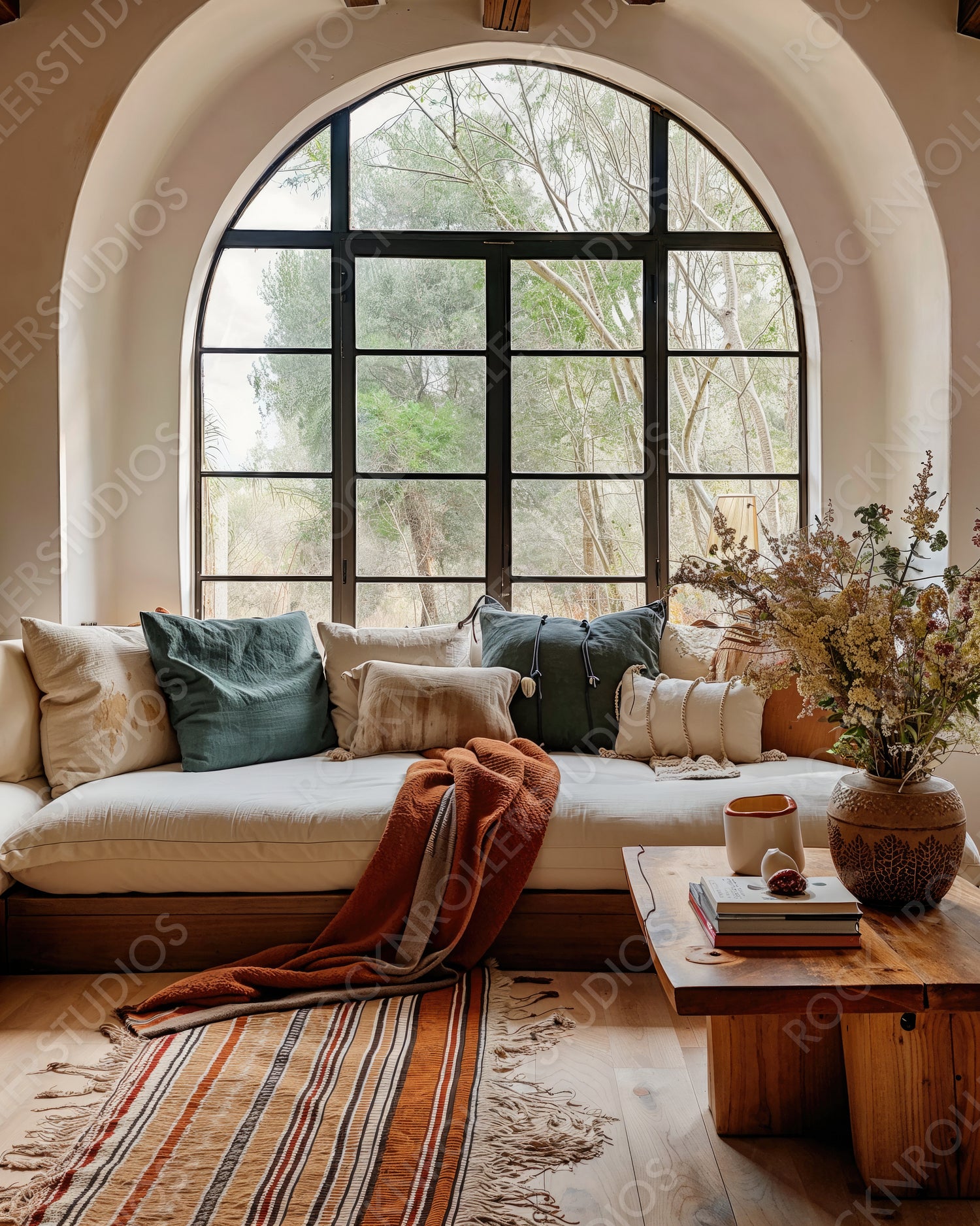 Stylish Cozy Reading Nook with Bohemian Decor and Nature View