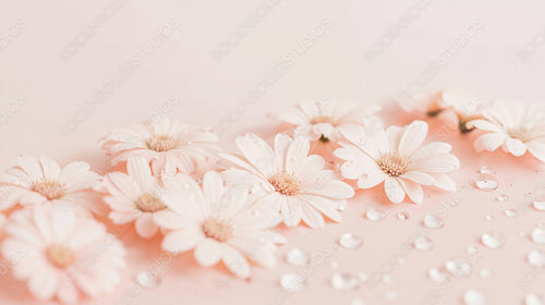 Delicate Pink Flowers with Dewdrops on Soft Pink Background