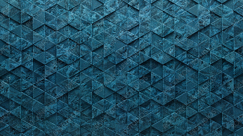 Blue Patina Tiles arranged to create a 3D wall. Textured, Polished Background formed from Triangular blocks. 3D Render