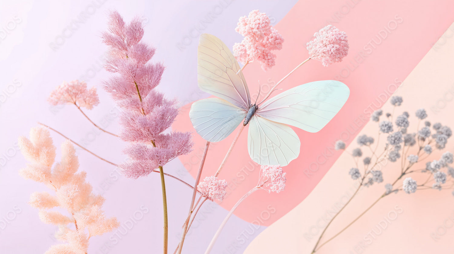 Whimsical Spring Serenity: Pastel Butterfly & Delicate Floral Art