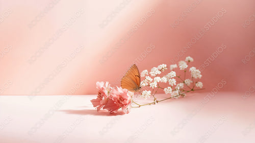 Delicate Butterfly on Pink Flowers in Minimalist Setting