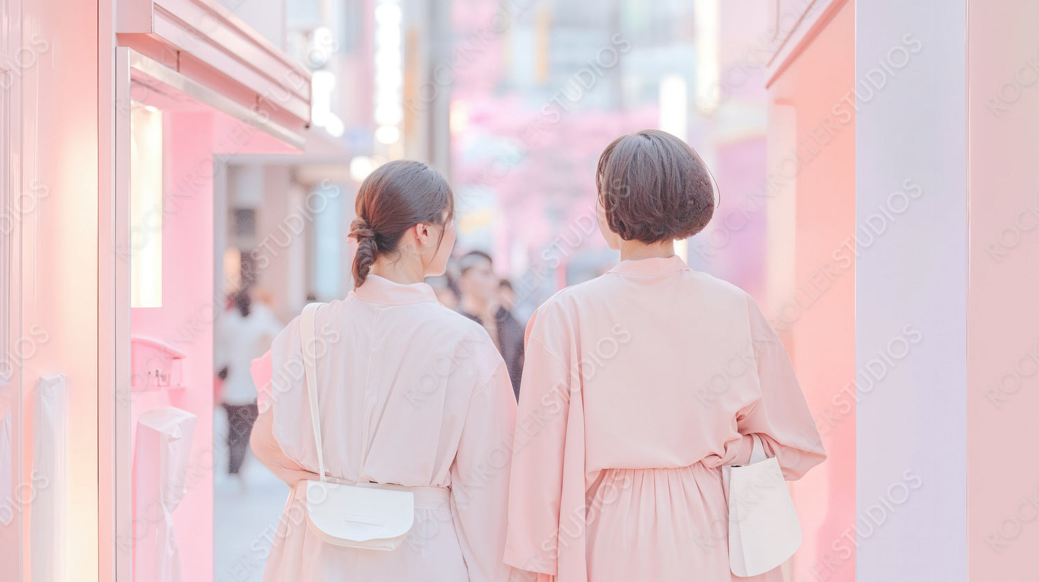 Chic Friends in Harmony: Matching Pastel Outfits on a Stylish City Stroll