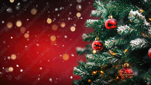 Classic Christmas Tree with Red Ornaments and Golden Lights against Red Snowy Backdrop