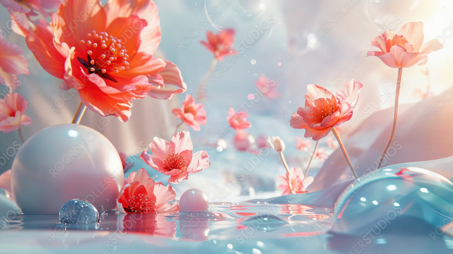 Whimsical Pink Flowers in a Dreamy Fantasy Landscape