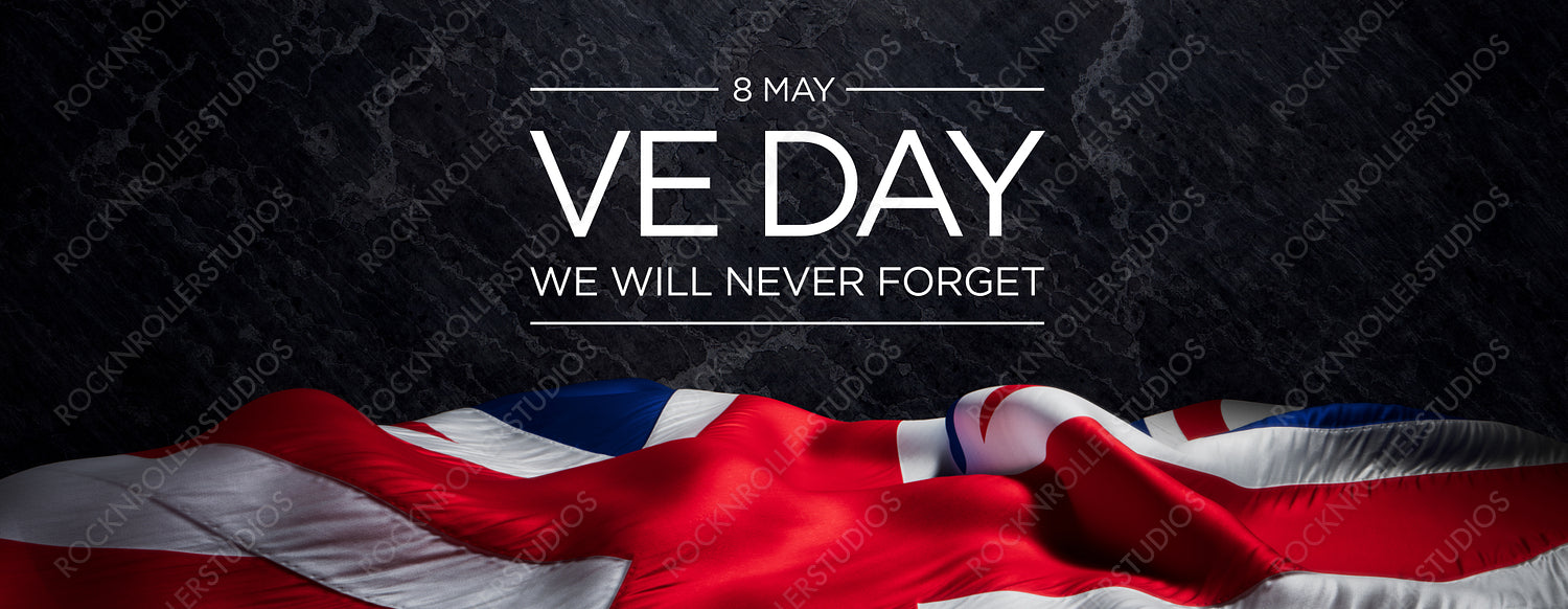 VE Day Tribute: Union Jack Flag with Solemn Text 'We Will Never Forget' - May 8
