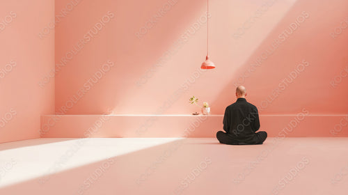 Zen Meditation with Man in Minimalist Pink Room