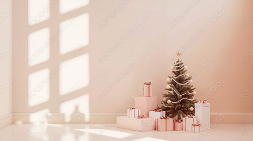 Festive Christmas Scene with Decorated Tree and Gifts in Sunlit Room