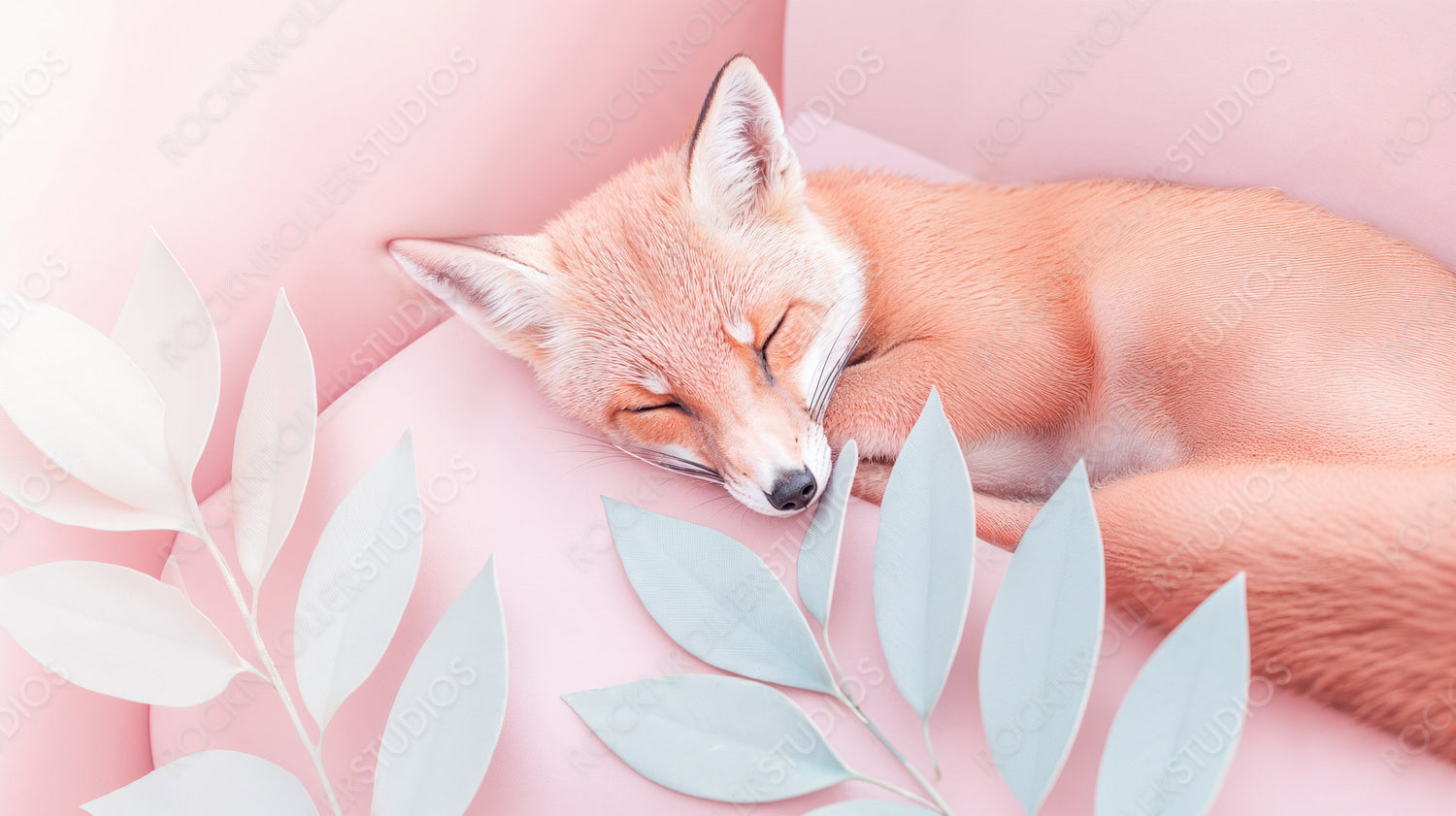 Serene Slumber: Sleeping Fox Enveloped in Pastel Harmony with Delicate Paper Leaves