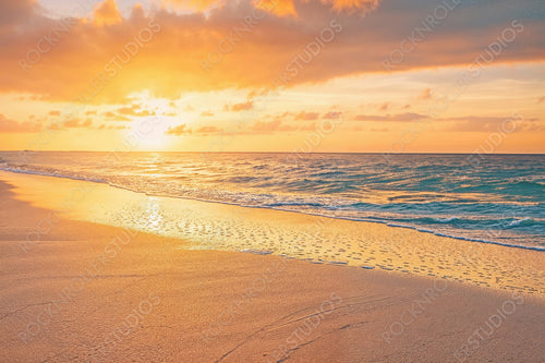 Dreamlike Sunrise Beach in the Maldives. Dream Honeymoon Shoreline. Summer background.