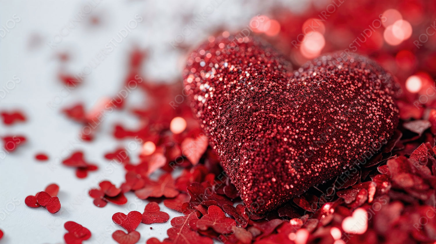 Beautiful Glitter Coated Red Love Heart on a White Surface. Modern Valentine’s Day Background.