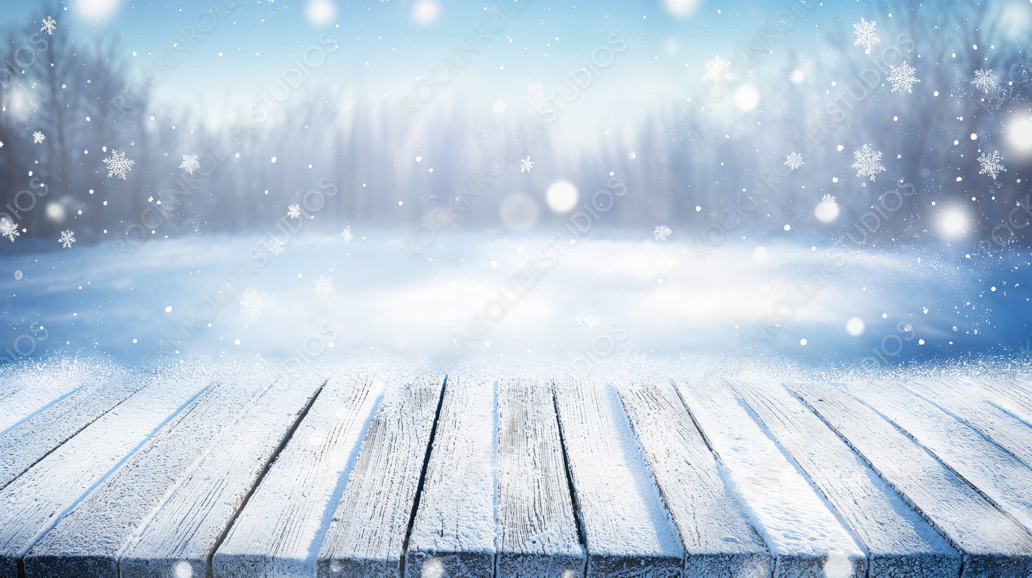 Frozen Wooden Deck Under a Magical Snowfall, Featuring Twinkling Lights and Snowflakes