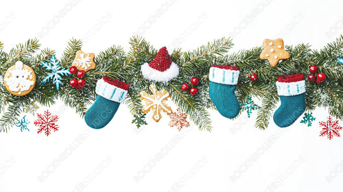 Festive Christmas Garland with Mini Stockings, Cookies, and Snowflakes on Pine Branches