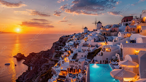 Picturesque Santorini Sunset with Whitewashed Buildings and Aegean Sea View