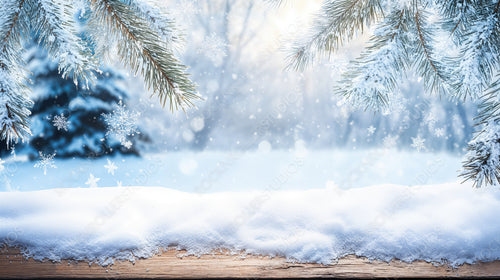 Wooden Deck Covered in Snow with Beautiful Snowy Pine Trees in the Distance