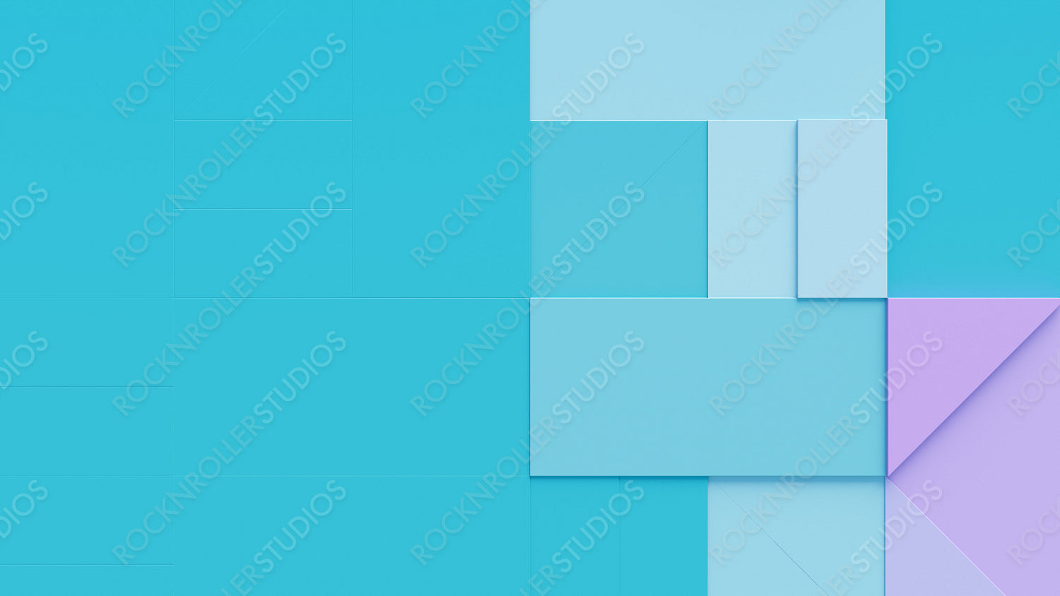 Purple and Turquoise 3D Shapes arranged to create an abstract Tech background. 3D Render with copy-space.