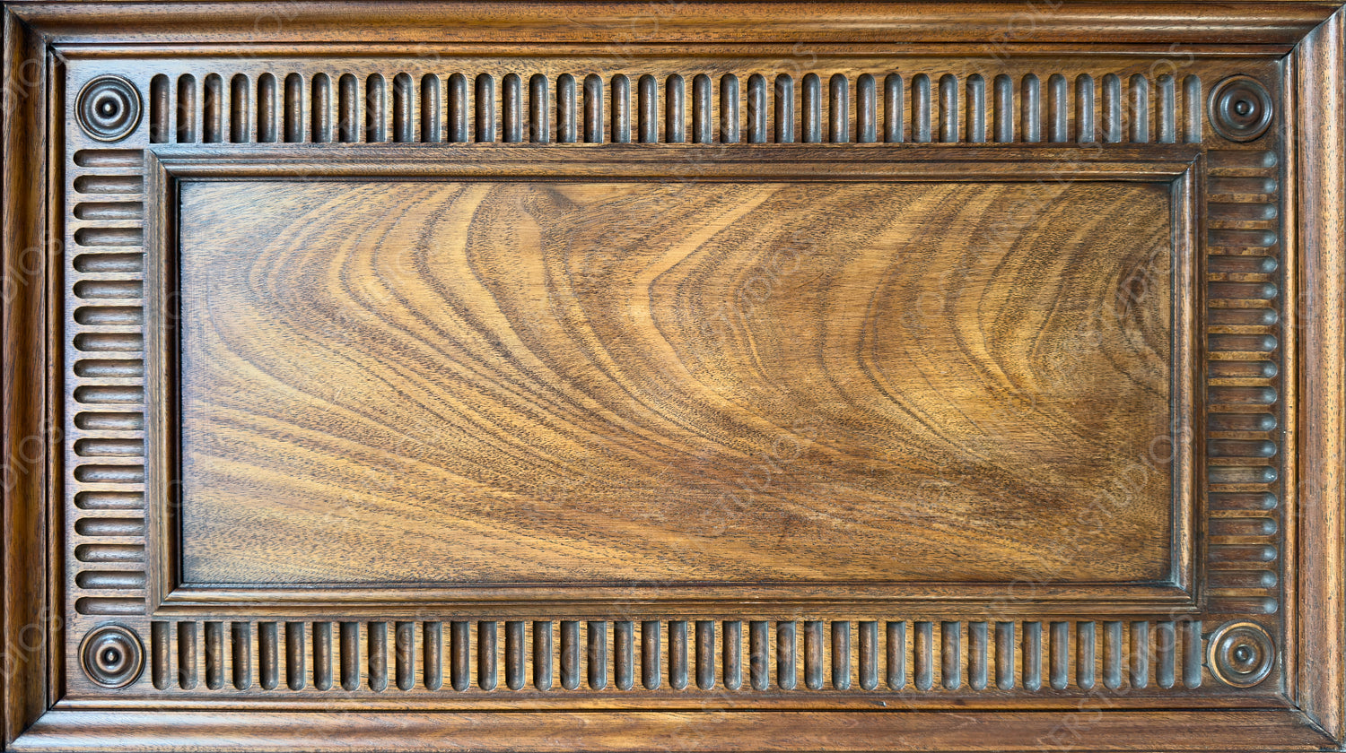 Exquisite Antique Wood Carving: Detailed Panel with Elegant Design and Textured Border. Wood Texture Background with copy-space.