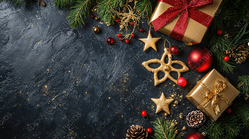 Christmas Gift Boxes with Red Ribbons, Pinecones, and Gold Stars on Black Background