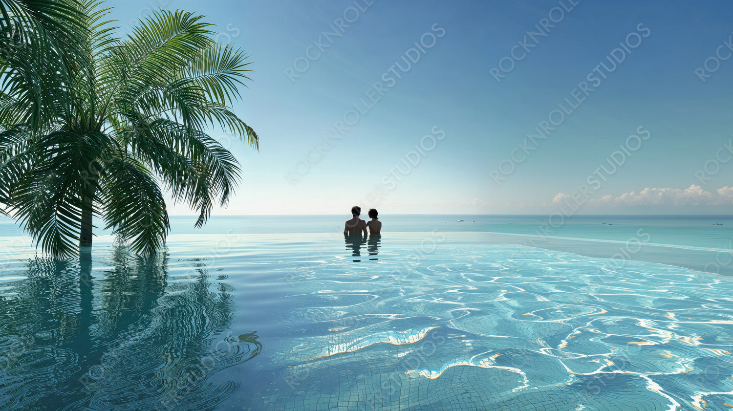 Serene Infinity Pool Escape: Couple Enjoys Tropical Ocean View Under Clear Skies
