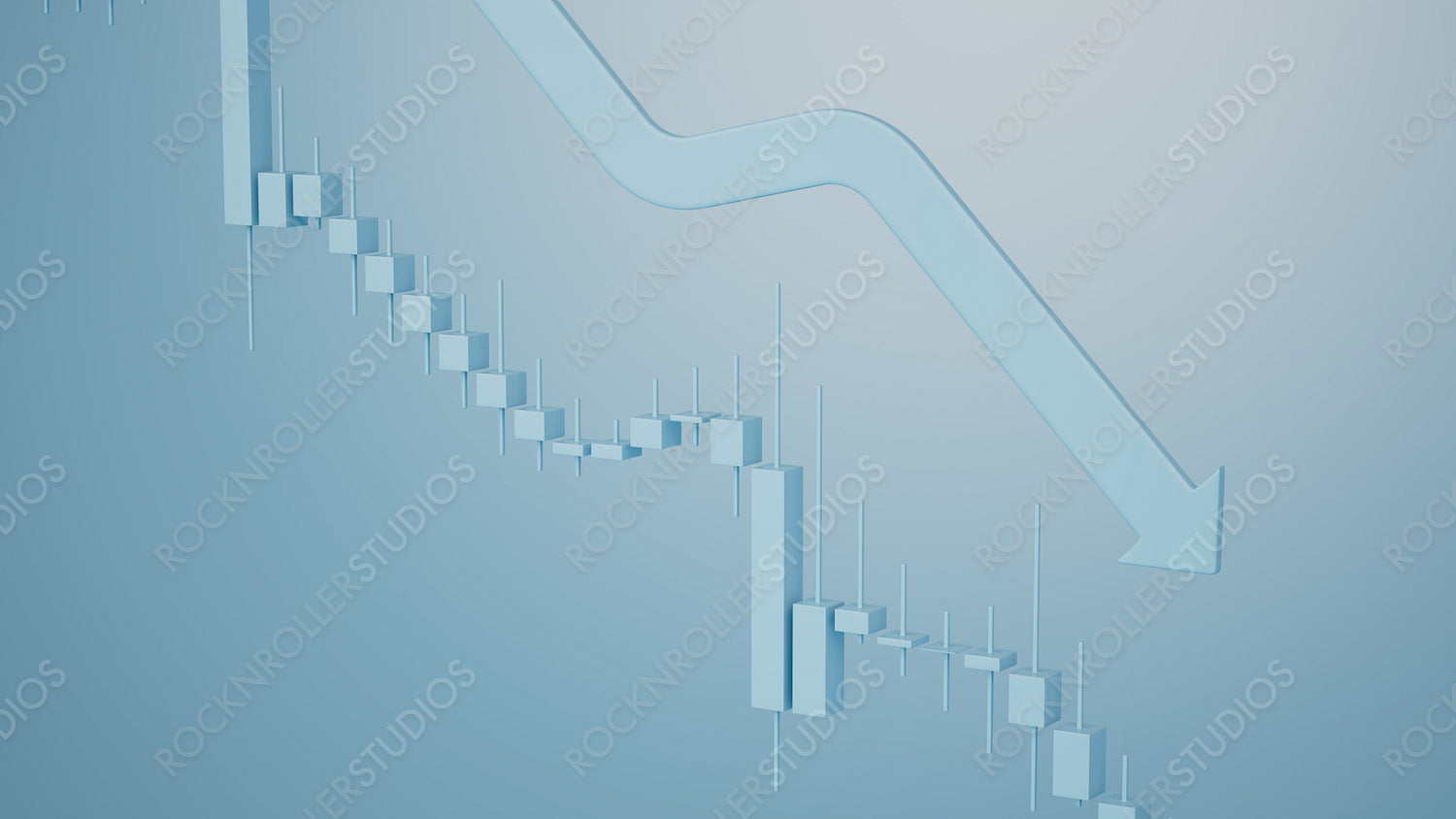 3D Bear Market Concept: Downward Arrow and Candlestick Bars on Blue Gradient