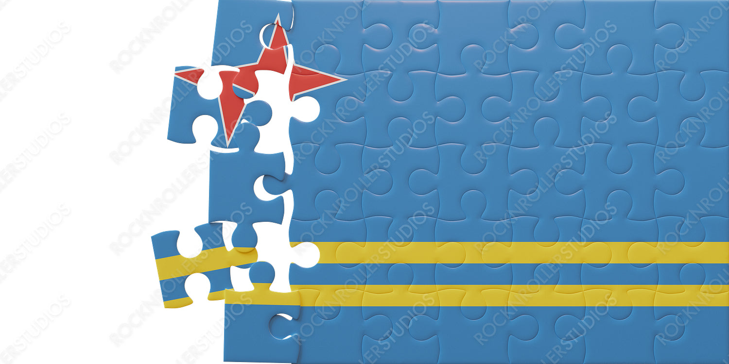 Creative Puzzle Concept: Aruba Flag with Unfinished Jigsaw Pieces on Light Gray Background